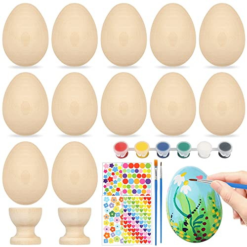 Sprinlot 12 Pcs Oeufs en Bois de Pâques, Œufs en Bois avec Coquetiers Peintures et Autocollants, Peinture de Bricolage de Paques, Colorant Oeuf de Paques pour Décoration et Cadeaux