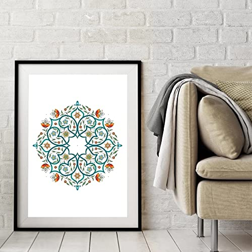 Ling88 Bilder Poster Kunstdrucke Gemälde Handgezeichnetes Mandala-Muster Druckt Im Türkischen Stil Poster Arabeske Helle Blumen-Leinwandmalerei Wandbild Wohnkultur Für Raumästhetik 50X70Cm