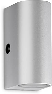 TELEFUNKEN - LED Außenlampe IP44, Wandleuchte Außen, Dämmerungssensor, 2x GU10, 4000K Neutralweiß, Silberfarbig, 151x67x92mm (LxBxH), 307104TF