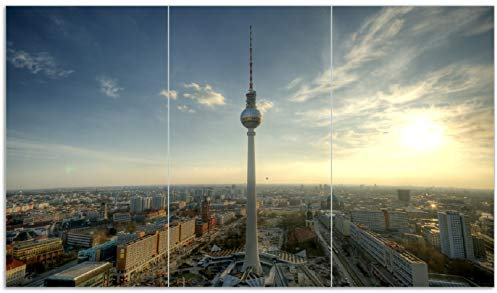 Wallario Herdabdeckplatte/Spritzschutz aus Glas, 3-teilig, 90x52cm mit 8mm hohen Füßen, für Ceran- und Induktionsherde, Fernsehturm Berlin mit Panoramablick über die Stadt