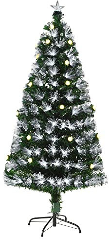 HOMCOM Albero Natalizia Artificiale Altezza 120cm con 130 Rami, Luci a LED e Fibre Ottiche, Base Pieghevole Rimovibile