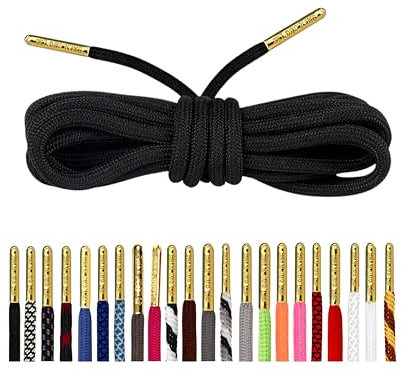 Loop King Laces 1 paire de lacets de luxe en corde avec pointes dorées, Noir, 7-10 Eyelets / 140cm / 55