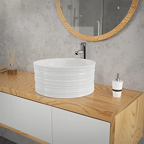ML-Design Lavabo da Appoggio in Ceramica Bianca Lucida Ø 41 x 18 cm Lavandino Rotondo Moderno Lavello Sanitari per il Bagno Foro di Scarico Standard 45 mm
