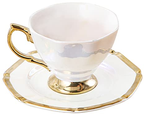 fanquare 200ml Colorful Teacup and Saucer, Ceramic Tea Cup with Gold Trim, Coffee Tea Cup Set for Home, Gift and Party
