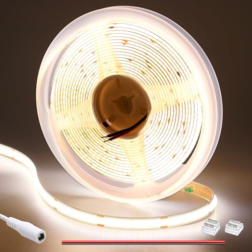 GOMING 12V COB LED Streifen Natürliches Weiß 4000K 5M LED Strip 11W/M 312LED/M LED Band Selbstklebend CRI 93+ Nicht Wasserdicht IP20 für Innen Heim Küche Deko(Netzteil nicht Enthalten)