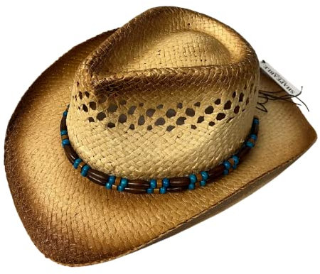Fidra Unisex Straw Cowboy hat with Double Bead Band. Natural Black,Fast UK Post 48-72 Hour delivery (as8, Alpha, m)