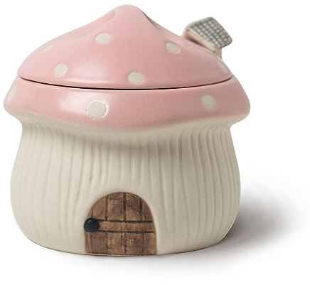RESVUGA Sucrier en céramique avec couvercle et cuillère Motif maison de champignons Rose 414 ml
