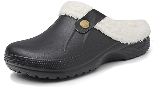Meik Mangni Clogs Gefüttert Damen Herren Winter Gartenclogs mit Fell Warm Hausschuhe Frauen Geschlossen Pantoffeln rutschfeste Plüsch Pantoletten,Schwarz weiß Gr.43-44 EU