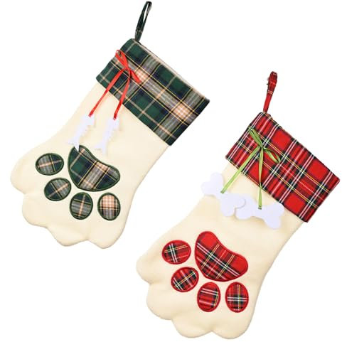 LERTREEUK 2 Teile/Satz Weihnachten Hängende Strumpf Haustier Hund Katzen Pfote Plaid Muster Große Hängende Socken für Kamin Weihnachtsbaum Dekorationen