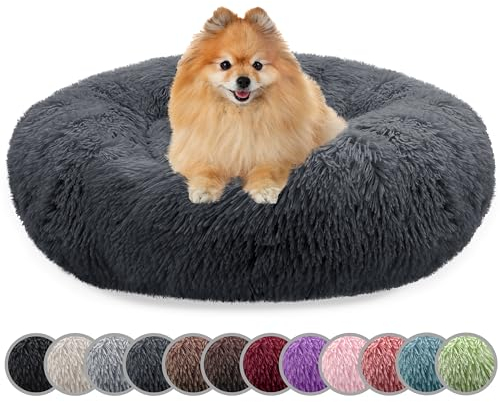 bluzelle Hundebett für kleine Hunde & Katzen, 60cm Hundekissen Rund Donut Kissen Hundekorb Plüsch, Katzenbett Flauschig Katzenkissen Waschbar rutschfest Weich, Farbe:Dunkel-Grau