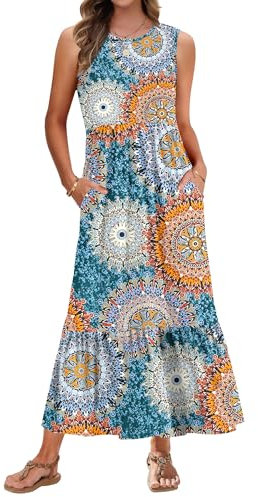 AUSELILY Summer Dresses for Women UK Sleeveless Maxi Dresses Ladies Floral Summer Dresses Beach Coverups Empire Waist Tiered Long Dress with Pockets Print Green L