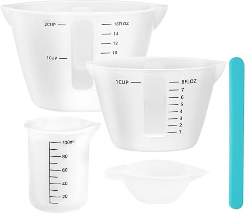 PIWOSGOL 5Stk Silikon Messbecher Set, 10ml&100ml&250ml&500ml Messbecher mit Rührstäbchen, Silikon Messbecher Krüge für DIY Basteln Epoxidharz Gießformen Schmuckherstellung Küche Labor