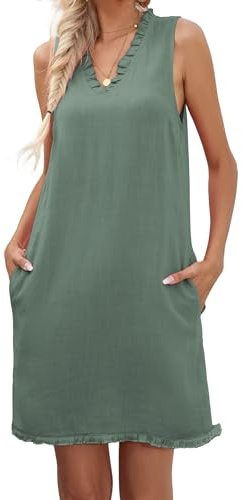 Famulily Women Cute Sleeveless Ruffled Deep V Neck Dresses Cotton Linen Dress for Summer Casual Shift Dress with Pockets