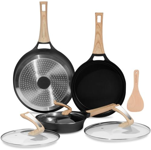 ESLITE LIFE Juego de sartenes antiadherentes con tapas, revestimiento de granito saludable, sartén para tortilla de huevo, utensilios de cocina de piedra, sin PFOA (negro, 7 piezas)