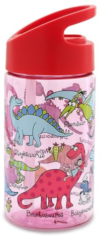 Tyrrell Katz Kids Dinosaur Printed Flip Top Drinking Bottle in Pink with Straw - Dishwasher Safe Lightweight Children's School Water Flask - 400 ml