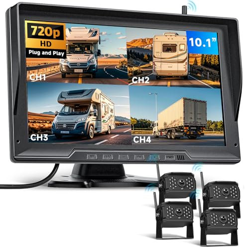 Podofo 4 Telecamera posteriore wireless digitale con monitor da 10,1, sistema di telecamere di backup a 4 divise per visione notturna impermeabile IP68 HD 720P per camion e rimorchi
