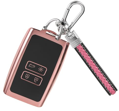 Étui Carte Compatible Renault Dacia Clio Megane Espace 5 Arkana Talisman Coque Clé Télécommande Coque de Protection pour clé de Voiture, Silicone TPU Étui pour Clés avec Porte-clés - 4 Boutons Rose