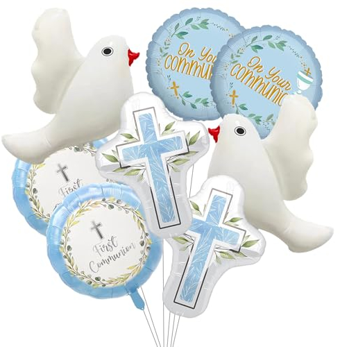 8 Stück Taufe Luftballons Dekoration, Luftballons Kommunion, Weiße Taube, Rosa Kreuz,Blau Runde Form Folienballon,Partyzubehör, Erstkommunion-Dekoration, Geeignet für Baby-Denkmal Taufparty (Blau)