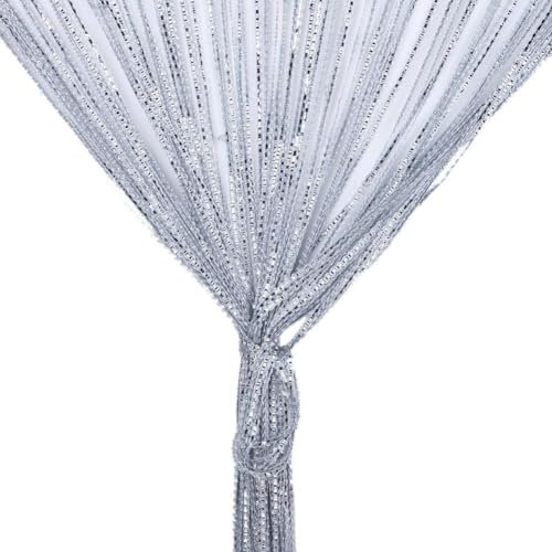 String Curtain Panel,Glitter Door Wall Window Doorways Panel Fly Screen Fringe Room Divider Blinds,Decorative Tassel Ribbon Strip Silver Screen for Living room,Bedroom,Party Events (Silver)