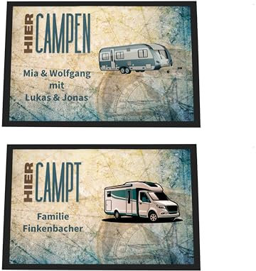 DRUC KLAUS Camping Fußmatte personalisiert – Wohnmobil oder Wohnwagen – mit Wunschtext – 2 Größen – rutschfest & waschbar – für den Wohnmobil-Eingangsbereich