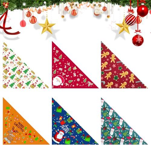 Satiskid 6Pcs Weihnachts-Hundeschal Verstellbarer Hundehalstuch Lebkuchen Weihnachtsmann Waschbar Atmungsaktiv Halstuch Kleine Mittelgroße und Große Hunde Katzen (Elch- und Weihnachtsmannmuster)