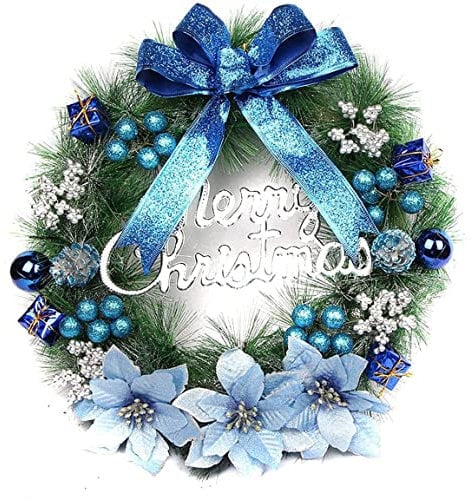 AYOROF Weihnachtskränze für Haustür, 40 cm Weihnachtstürkranz Winter Künstliche Weihnachtsgirlande Dekoration mit Bogen Blumen Ball für Innen-Weihnachtsdekoration im Freien (Blau)
