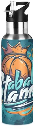 Niigeu Basket Sportivo Di Arte Dei Cartoni Animati Bottiglia Acqua Acciaio Inox, Isolato Borraccia Termica Senza BPA per Bevande Calde e Fredde per Bambini Sport Ciclismo Scuola (600ml/1L)