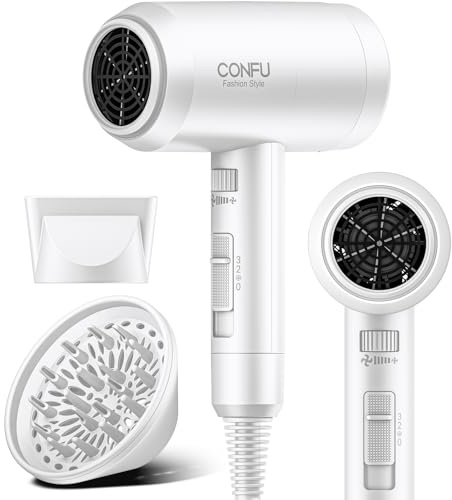 CONFU 1800W Hair Dryer, Ionic Hair Blow Dryer, Lightweight Hair Dryers with Cool Shot Button & Diffuser & Concentrator for Travel Salon Home Use (White)