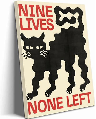 PLWREOO Leinwandbild, Gothic-Stil, Motiv: schwarze Katze, Motiv: neun Leben, keine Links, Vintage-Katzenbild, Wanddekoration, eklektisches dunkles akademisches Poster, Gothic-Hexe, Gemälde, Kunstdruck