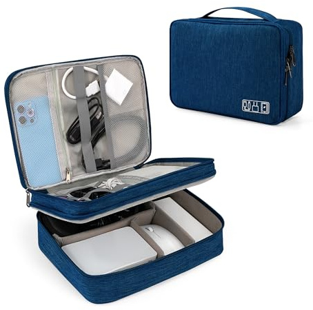 Tunejoy Bolsa de Accesorios Electrónicos Organizador de Viaje para Tableta de 2 Capas Portátiles Estuche Cables de Almacenamiento para Cargador Banco de Energía 27x20x8 cm Azul Oscuro