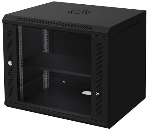 ECD Germany Netzwerkschrank 9 HE, Serverschrank 19 Zoll, Schwarz, Wandmontage, 450 mm Tiefe, 600 x 500 x 450 mm, voll montiert, Server Gehäuse mit abschließbarer Sicherheitsglastür, Traglast 60 kg