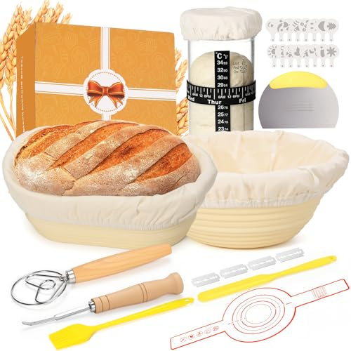BBWELL Gärkörbchen,Sauerteig Starter Set,2 Silikon Gärkörbe Rund und Oval,Brot Backen Zubehör,Gärkorb Brot Set mit Sauerteig Starterglas,Brotkorb,Brotbackform,Großes Geschenk Für Anfänger,Bäcker