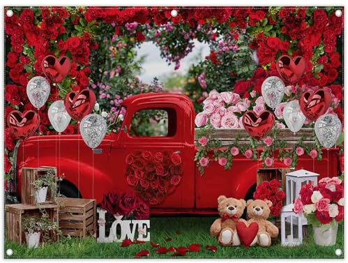 Luminora Fabric 8x6ft Valentine's Day Truck Photography Backdrop Red Rose Balloon Bear Background Outdoor Wedding Bridal Shower Party Decorations Photo Banner Props