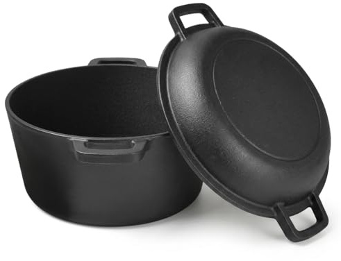 Gusseisen Topf Dutch Oven 2-in-1 Brat- & Schmorsystem, 26 cm – Bräter mit ofenfester Gusseisen-Deckel als zweite Pfanne
