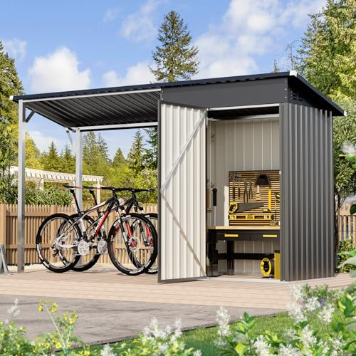 YODOLLA Metall Gartenhaus mit anbau 297x112x185cm, Gerätehäuser mit seitlich offenem Pergola-Dach, Kombination aus Außen-Geräteschuppen angebautem Hartdach-Gazebo, 2,79 m² Überdachung, Grau