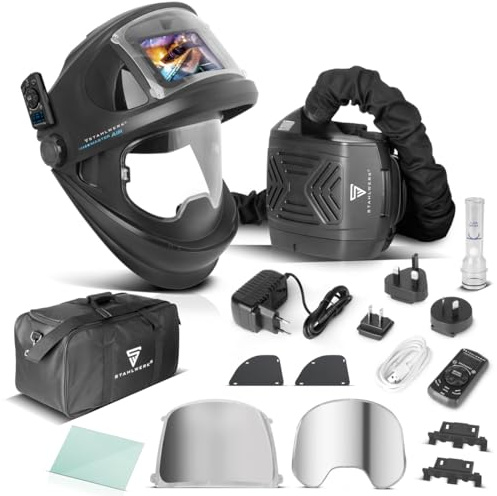 STAHLWERK Master AIR Automatik-Schweißhelm 3-in-1 mit Frischluftzufuhr | Funktionssteuerung per Bluetooth, True-Colour-Farbwiedergabe, Abdunkelung DIN 4 bis DIN 14, Optik-Klasse 1/1/1/1