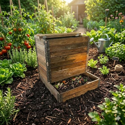 Composteur en Bois 500L en Sapin Classe 3 traité Marron avec Couvercle
