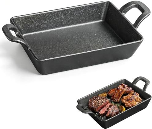 RANJIMA Grillpfanne Gusseisen, 24x17 cm Grillplatte mit Zwei Griffen, Cast Iron Pan Gusspfanne Steakpfanne Servierpfanne Rechteckige Pfanne für Induktion Gas Ceran Backofen Grill und Kohlegrill