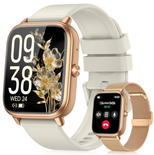 paybay Smart Watch for Women Men- 1000mAh Battery Answer/Make Call, Fitness Step Tracker Watch step Counter/110+ Sport Mode for Andriod iPhone Compatible (Warm Sand Case w/Beige & Vintage Gold Band)