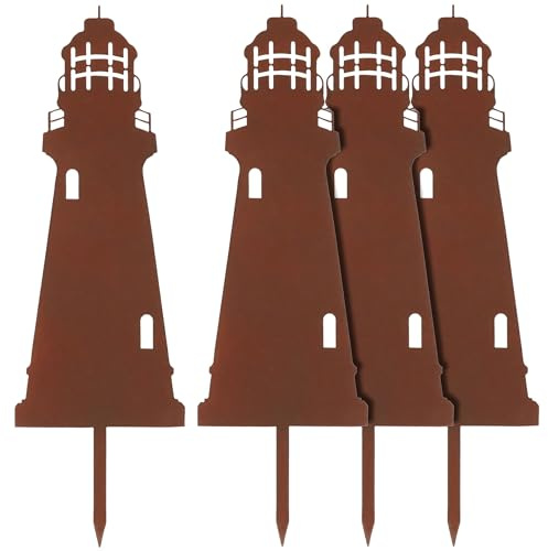 Metall Gartenstecker Leuchtturm 4er Set Rost-Optik 32x10 cm | Garten Deko Schild Beet Stecker Maritim Pflanzkübel Dekoration