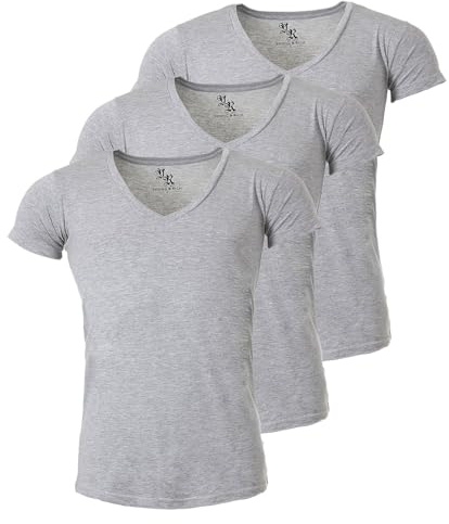 Young & Rich Herren Uni T-Shirt mit extra tiefem V-Ausschnitt Slimfit Stretch Dehnbare Passform einfarbiges Basic Shirt - 3er Pack, Grösse:XXL, Farbe:Grau