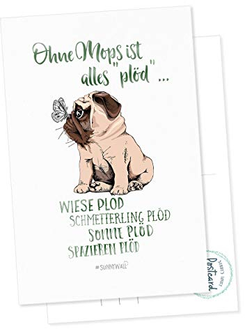 Postkarte - Ohne Mops ist alles plöd | Wiese Schmetterling Sonne spazieren