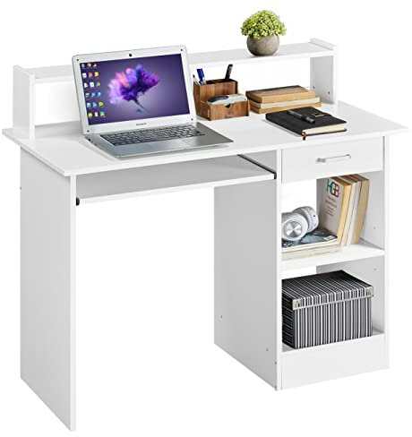 Yaheetech Mesa Escritorio Blanca Mesa de Ordenador con Cajones Escritorio de Oficina con Soporte de Monitor Mesa PC para Despacho 106x50x94cm