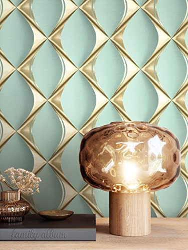 NEWROOM Papier peint Vert Légèrement Brillant Intissé - Retro Bleu Or Vintage Optique 3D Glamour