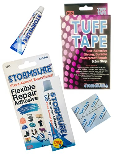 Stormsure Flexibler Reparaturkleber (15g) - Klar + TUFF Tape Reparaturband (0,5m) - Wasserdichtes und Langlebiges Reparatur-Bundle