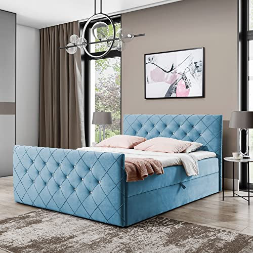 Boxspringbett Doppelbett MONAKO - Bett mit Bonellmatratze, mit Bettkasten für Bettwäsche und Topper. Gepolstertes Kopfteil und Fussteil mit Einer eleganten Steppung verziert (Hell blau, 120x200)