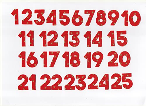 Iron On Fabric, 3 cm Advent Calendar Numbers, No Sew, Block Font. (Red With Gold Star)