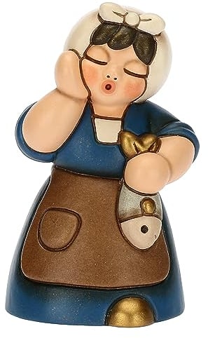 THUN, Frau mit Fisch aus Keramik, handdekoriert, Farbe Blau, Linie Klassische Krippe, Weihnachtsdekoration, 5 x 4,6 x 8,2 cm h