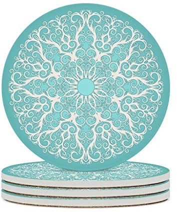 Türkis Mandala Untersetzer Rund Keramik Getränkuntersetzer mit Korkrücken 4er Set Dekorative Untersetzer für Glas Tassen Vasen Kerzen 10cm White 6PCS