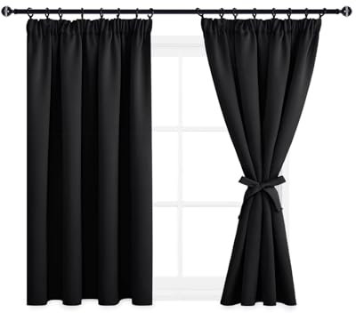 DWCN Vorhang Blickdicht Verdunkelungsgardinen mit Kräuselband Vorhänge Wohnzimmer mit Vorhang-Krawatten Gardinen Kurz Lichtundurchlässig Thermovorhang Vorhänge Küche,145x140cm(HxB), Schwarz, 2er Set